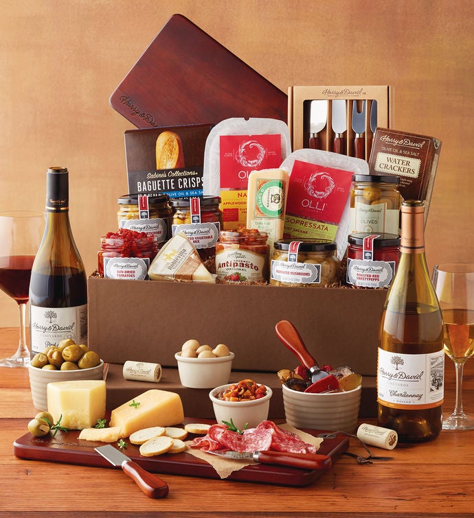 Deluxe Antipasto Assortment with Wine Italian Gift Baskets Harry