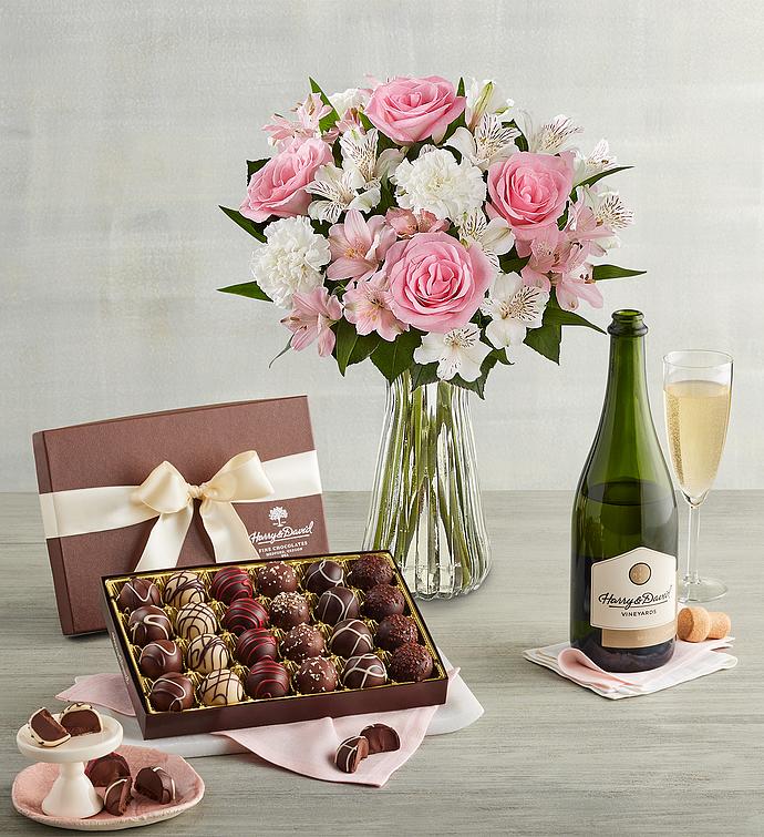 Mother’s Day Cherished Blooms Bouquet, Chocolate Truffles, and Wine