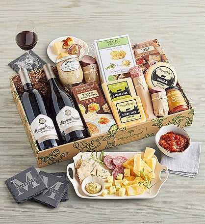 Meat, Cheese, and Wine Gift Box with Personalized Slate Coaster Set