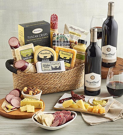 Deluxe Meat and Cheese Gift Basket with Wine - 2 Bottles