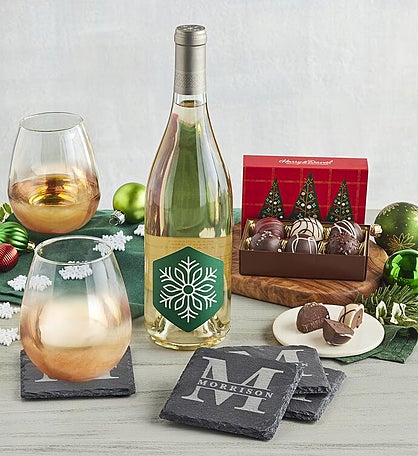 Holiday Wine Glasses with Wine and Personalized Slate Coaster Set