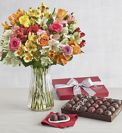 Dark Chocolate-Covered Luxury Collection with Assorted Roses & Peruvian Lilies