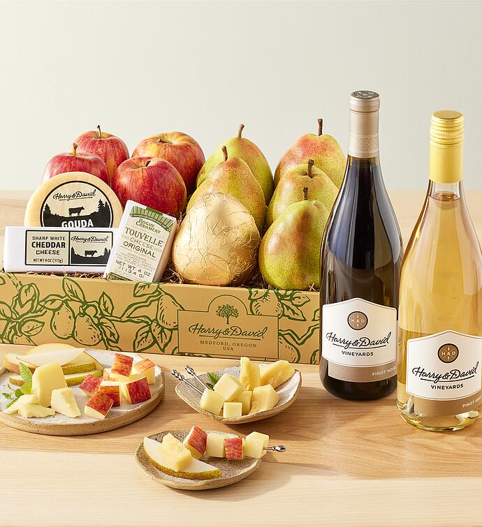 Deluxe Pears, Apples, and Cheese Gift with Wine