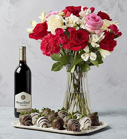 Deliciously Decadent Precious Love Bouquet, Strawberries, and Wine