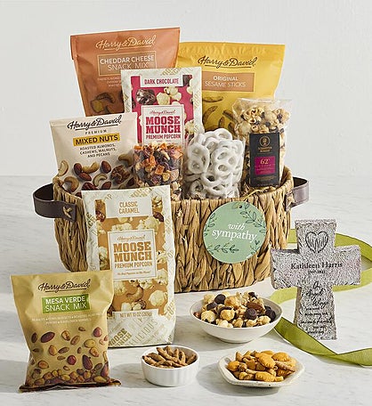 Sympathy Snacks Basket with Personalized Tabletop Cross