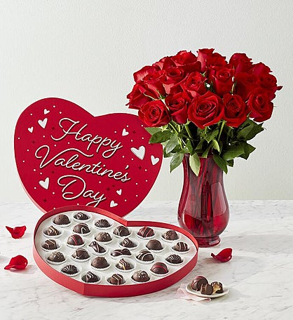 Valentine Chocolates in Heart Box with Two Dozen Red Roses