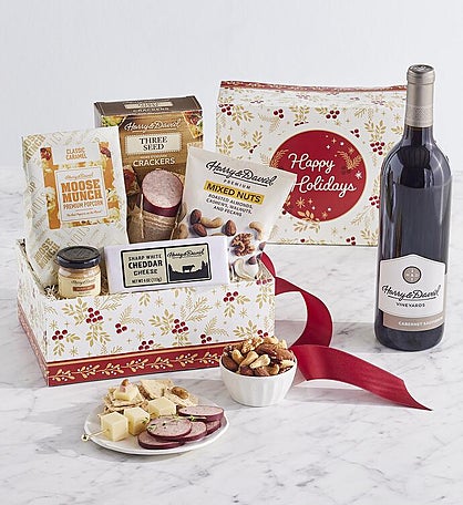 Holiday Snack Gift Box with Red Wine