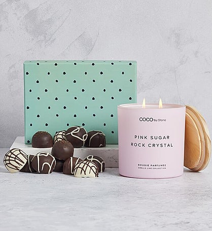 Pink Sugar Candle and Signature Chocolate Truffles