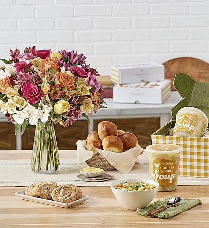 Classic Chicken Noodle Soup Gift Box with Fresh Flowers