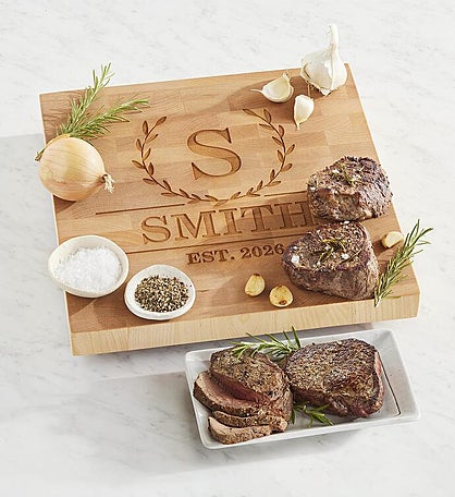 Four Filets of Top Sirloin with Personalized Butcher Block Cutting Board