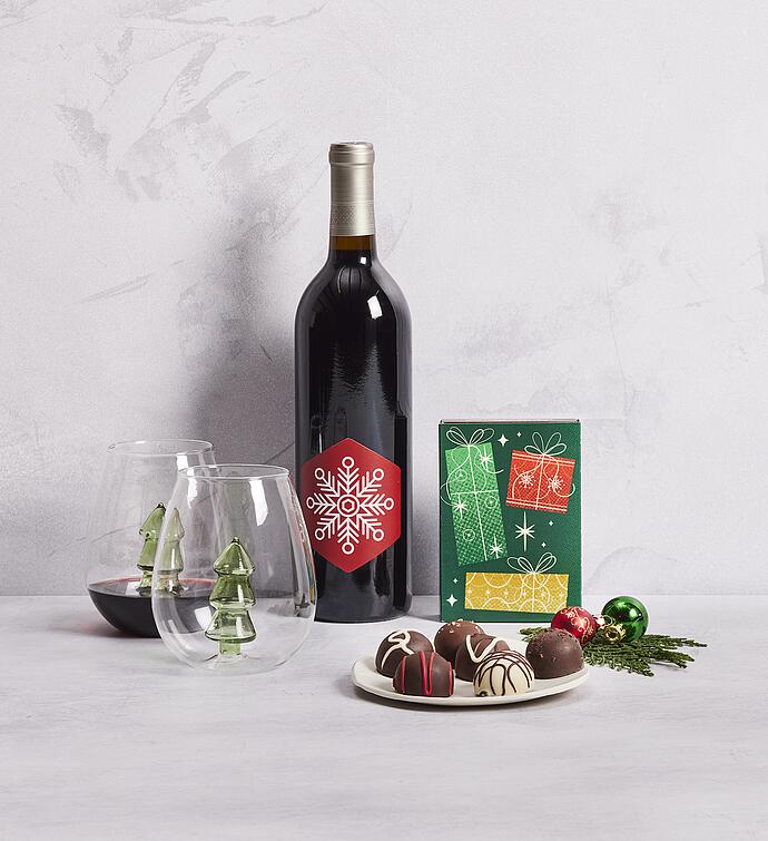 Holiday Wine Glass Set with Red Wine