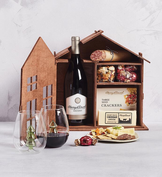 Holiday Wooden House Gift with Wine