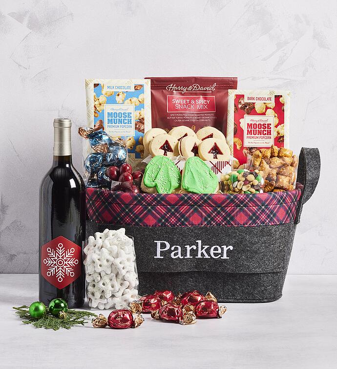 Personalized Christmas Gift Basket with Wine