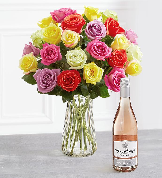 Blossoms & Wine™   Assorted Roses and Wine