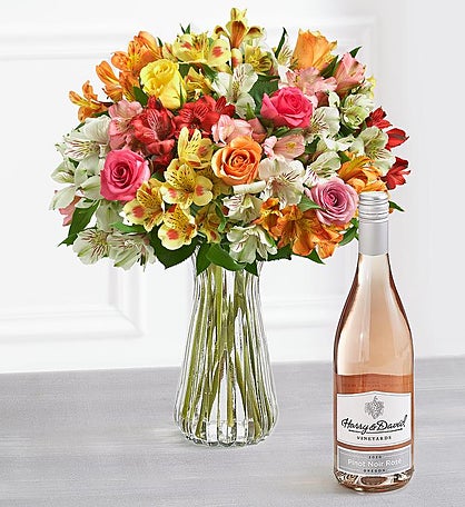 Mother's Day Assorted Roses & Peruvian Lilies with Wine