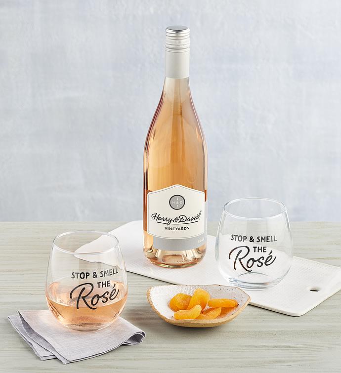 “Stop and Smell the Rosé” Wine Glasses with Rosé Wine