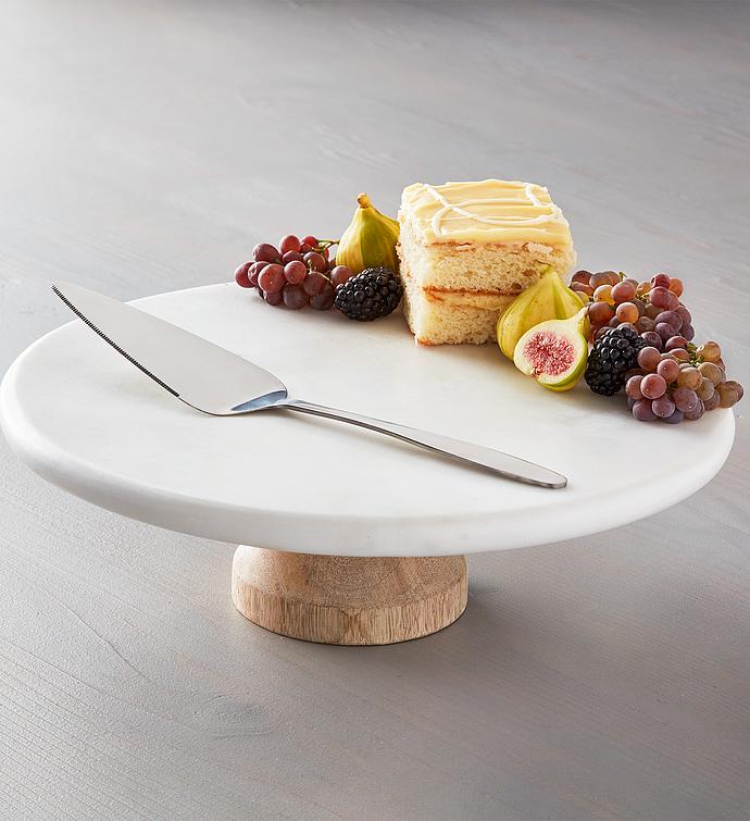 White Marble and Wood Cake Stand with Server
