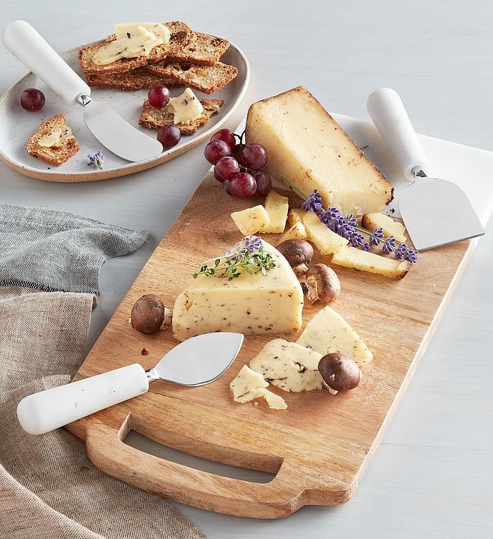 White Marble and Wood Cutting Board with Cheese Knives