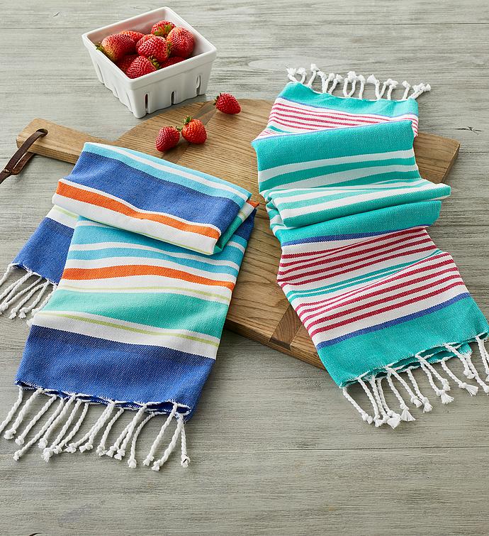 Striped Cotton Towels with Tassels   Set of 2