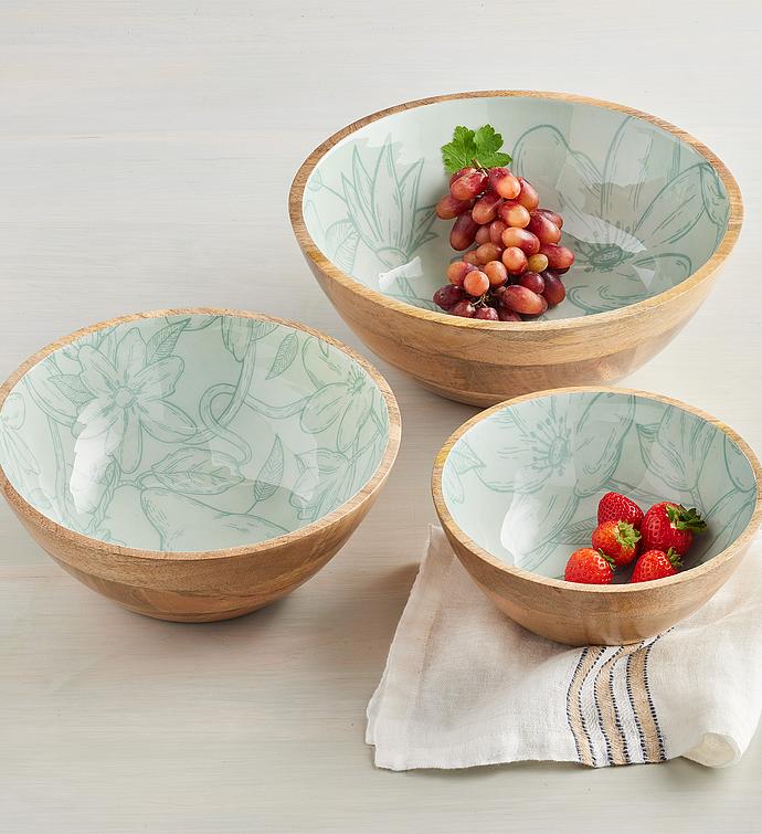 Wood and Enamel Stackable Serving Bowls   Set of 3