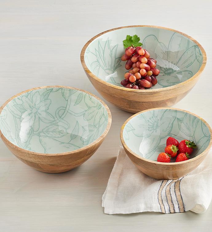 Wood and Enamel Stackable Serving Bowls - Set of 3