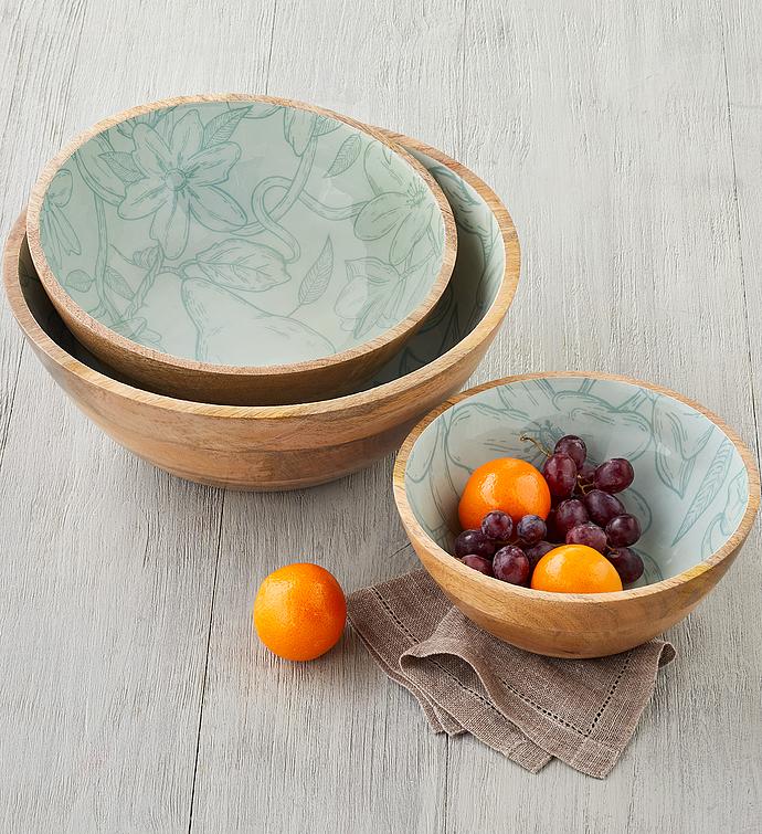 Wood and Enamel Stackable Serving Bowls - Set of 3