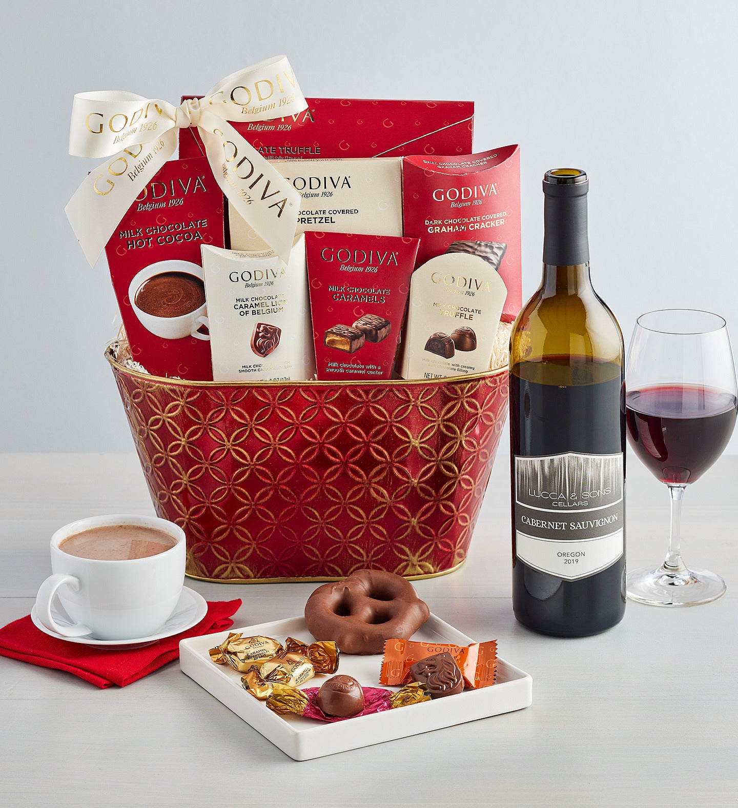 Godiva Decadence Gift Basket with Wine   Deluxe
