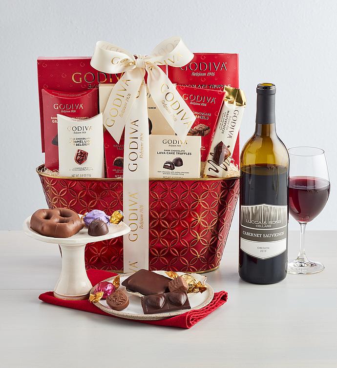 Godiva Decadence Gift Basket with Wine   Grande