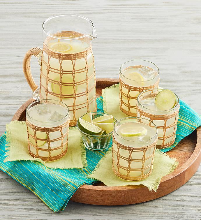 Wicker Wrapped Tumblers and Pitcher Set