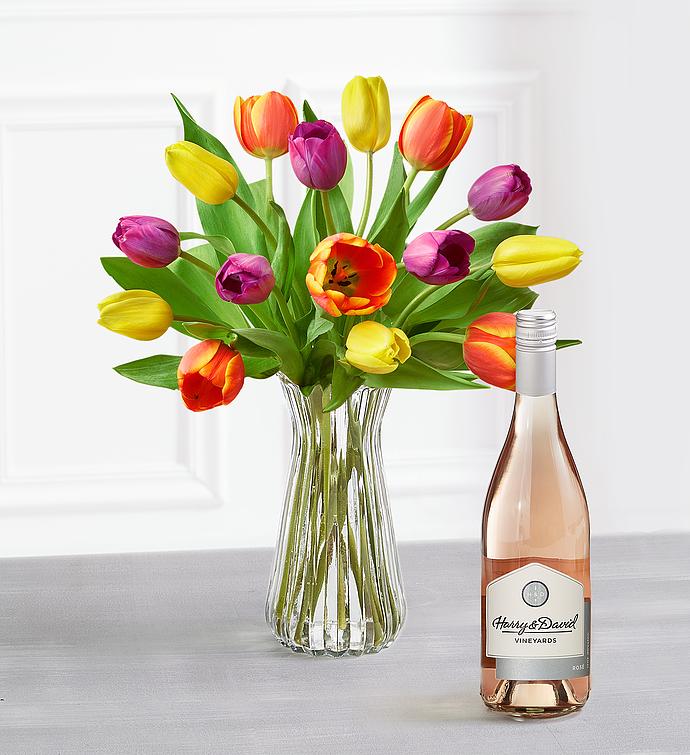 Blossoms & Wine™   Assorted Tulip Bouquet and Wine