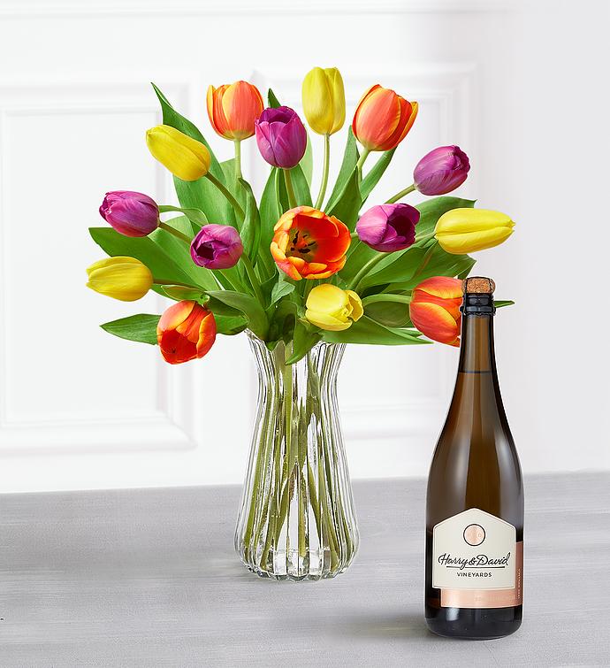 Blossoms & Wine™   Assorted Tulip Bouquet and Wine