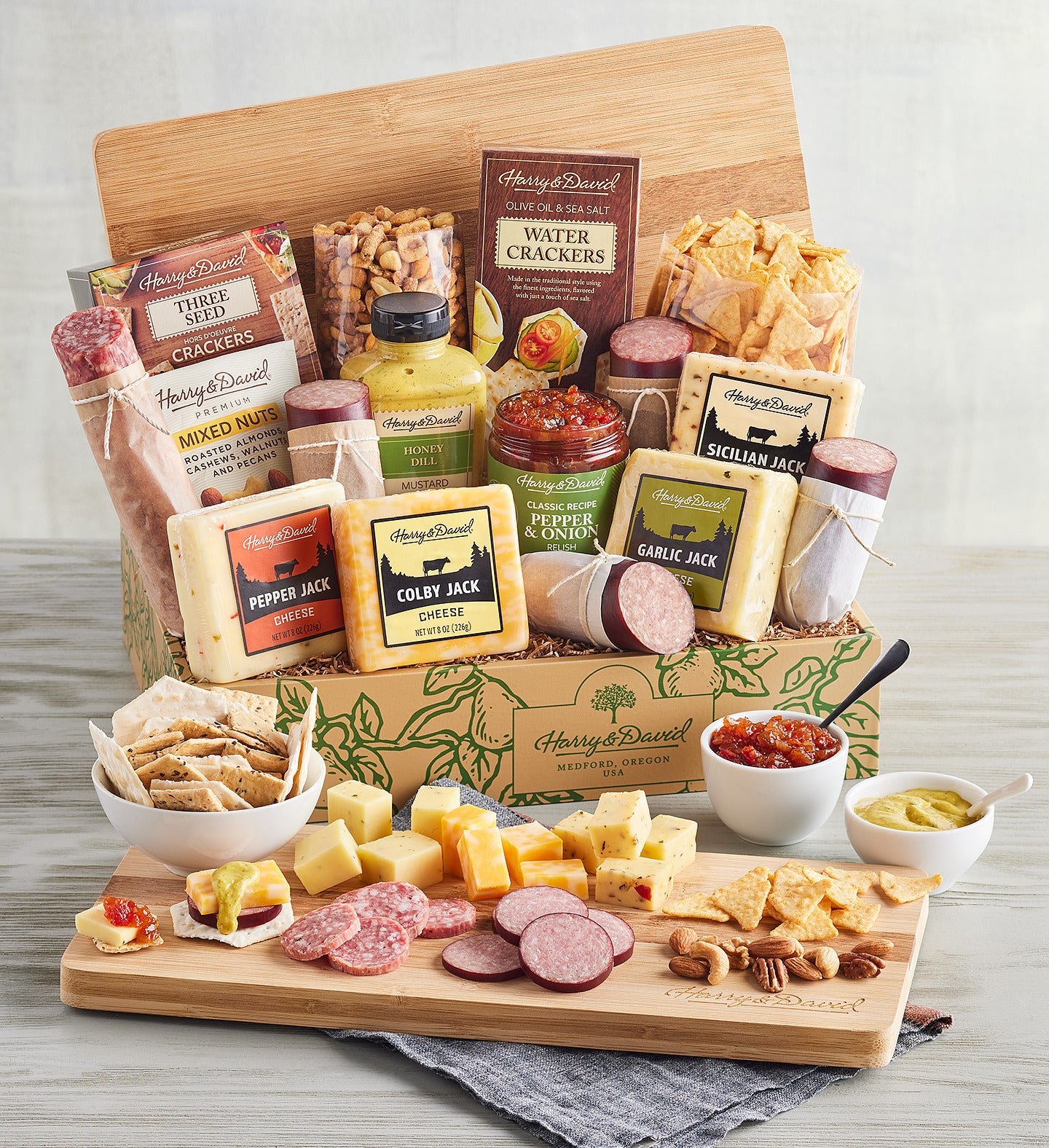 Gift Basket With Delicious Sausage, Cheese and Nuts