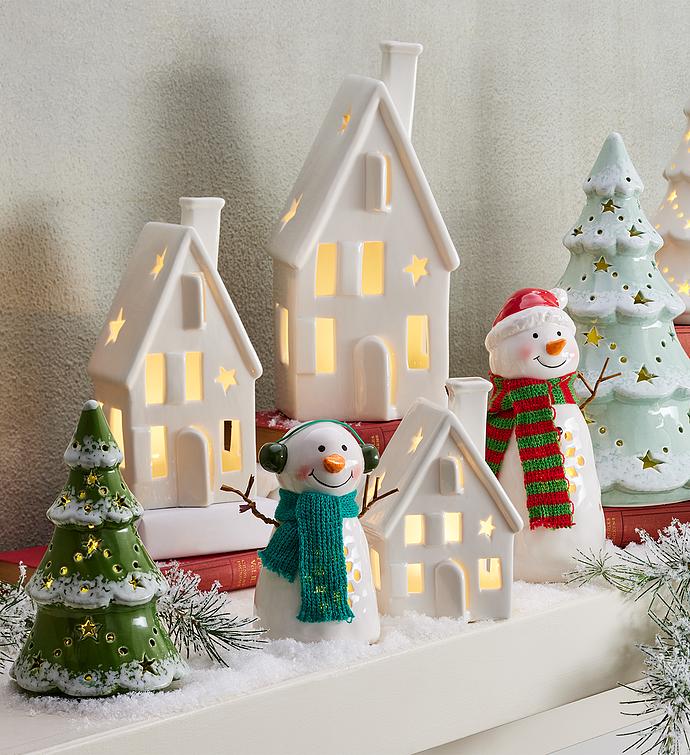 Holiday Ceramic House Lights - Set of 3