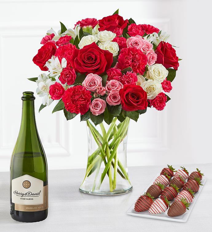 Precious Love Bouquet, Gourmet Drizzled Strawberries, and Sparkling White Wine