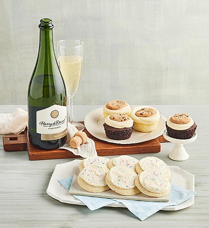 Buttercream-Frosted Celebration Cupcakes and Cookies with Sparkling Wine