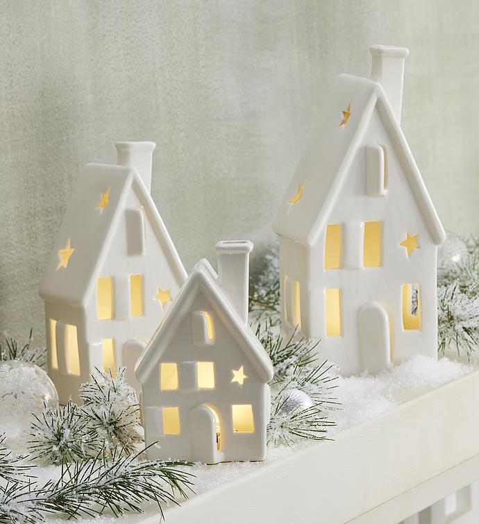 Holiday Ceramic House Lights   Set of 3