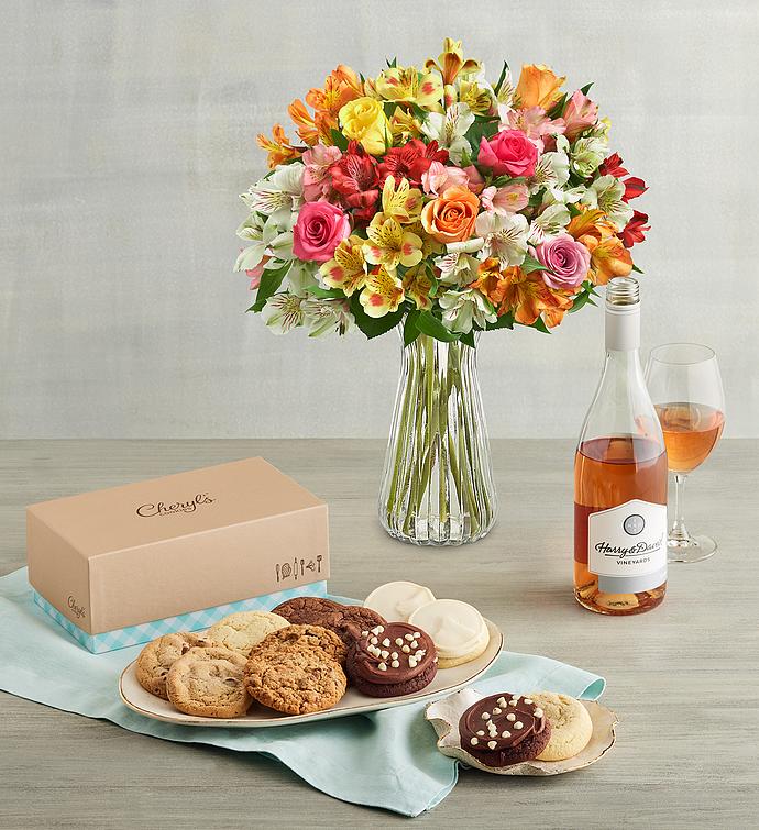 Assorted Roses & Peruvian Lilies, Cheryl's® Cookies, and Wine