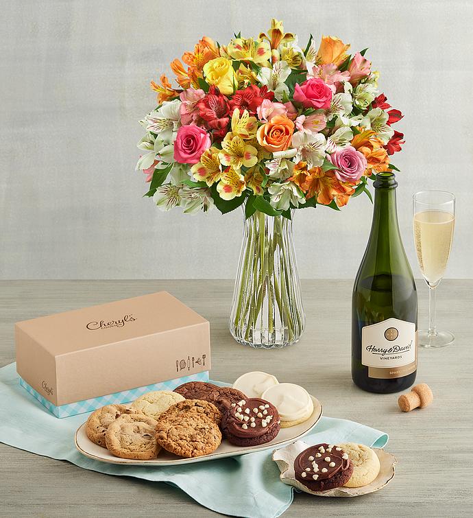 Mother's Day Assorted Roses & Peruvian Lilies, Cheryl's® Cookies, and Wine