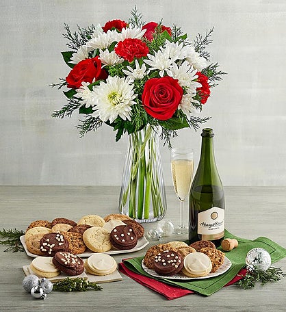 Festive Holiday Bouquet, Cheryl's® Cookies, and Wine