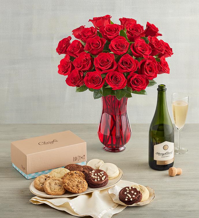 Two Dozen Red Roses, a Dozen Cheryl's® Cookies, and Wine