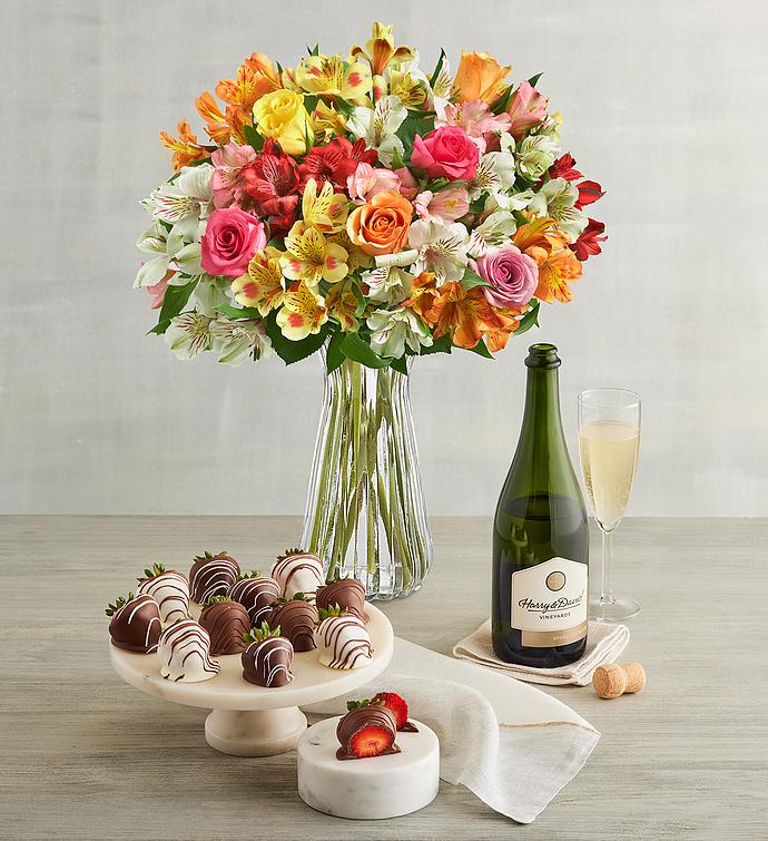 Thank You Roses & Peruvian Lilies, Gourmet Drizzled Strawberries, and White Wine
