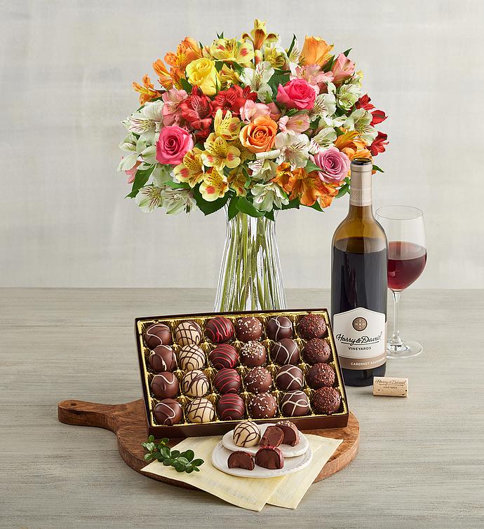 Assorted Roses & Peruvian Lilies, Chocolate Truffles, and Ross Lane Red Blend