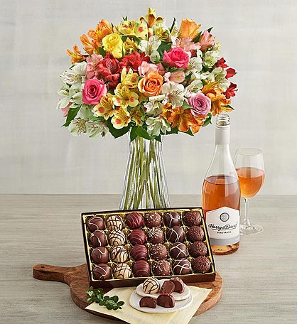 Mother's Day Assorted Roses & Peruvian Lilies, Chocolate Truffles, and Wine