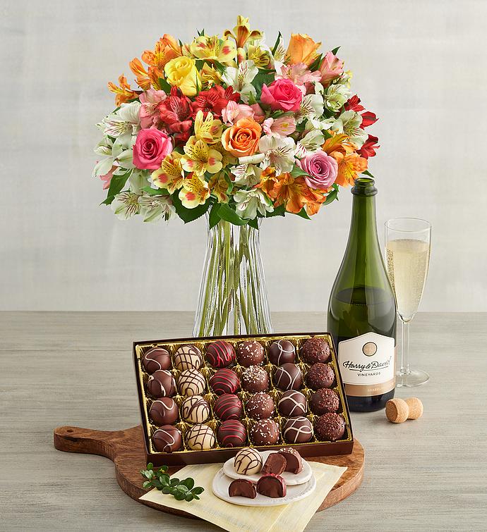 Assorted Roses & Peruvian Lilies, Chocolate Truffles, and Wine