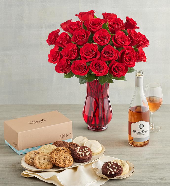Two Dozen Red Roses, a Dozen Cheryl's® Cookies, and Rosé