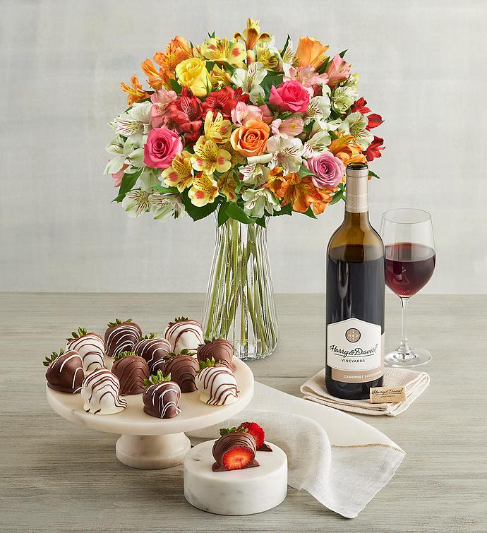 Assorted Roses & Peruvian Lilies, Gourmet Drizzled Strawberries, and Wine