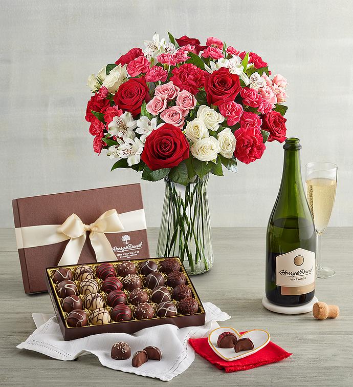 Precious Love Bouquet, Chocolate Truffles, and Wine