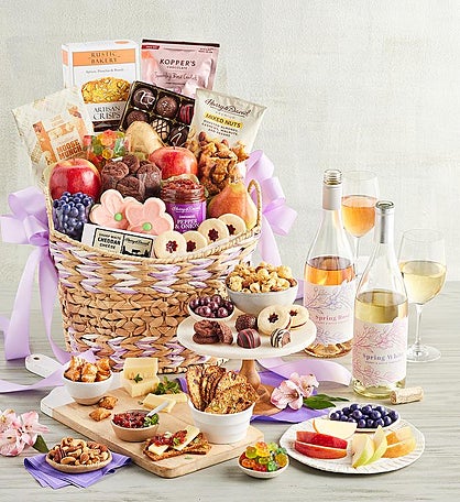 Deluxe Mother's Day Gift Basket with Harry & David Spring Wine - 2 Bottles