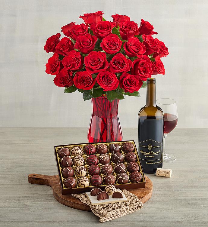 Two Dozen Red Roses, Chocolate Truffles, and Wine