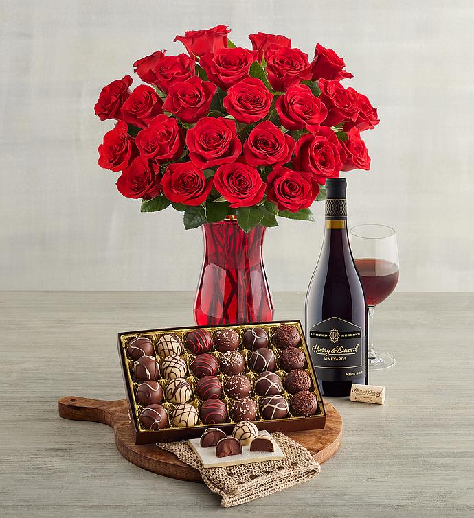 Two Dozen Red Roses, Chocolate Truffles, and Wine